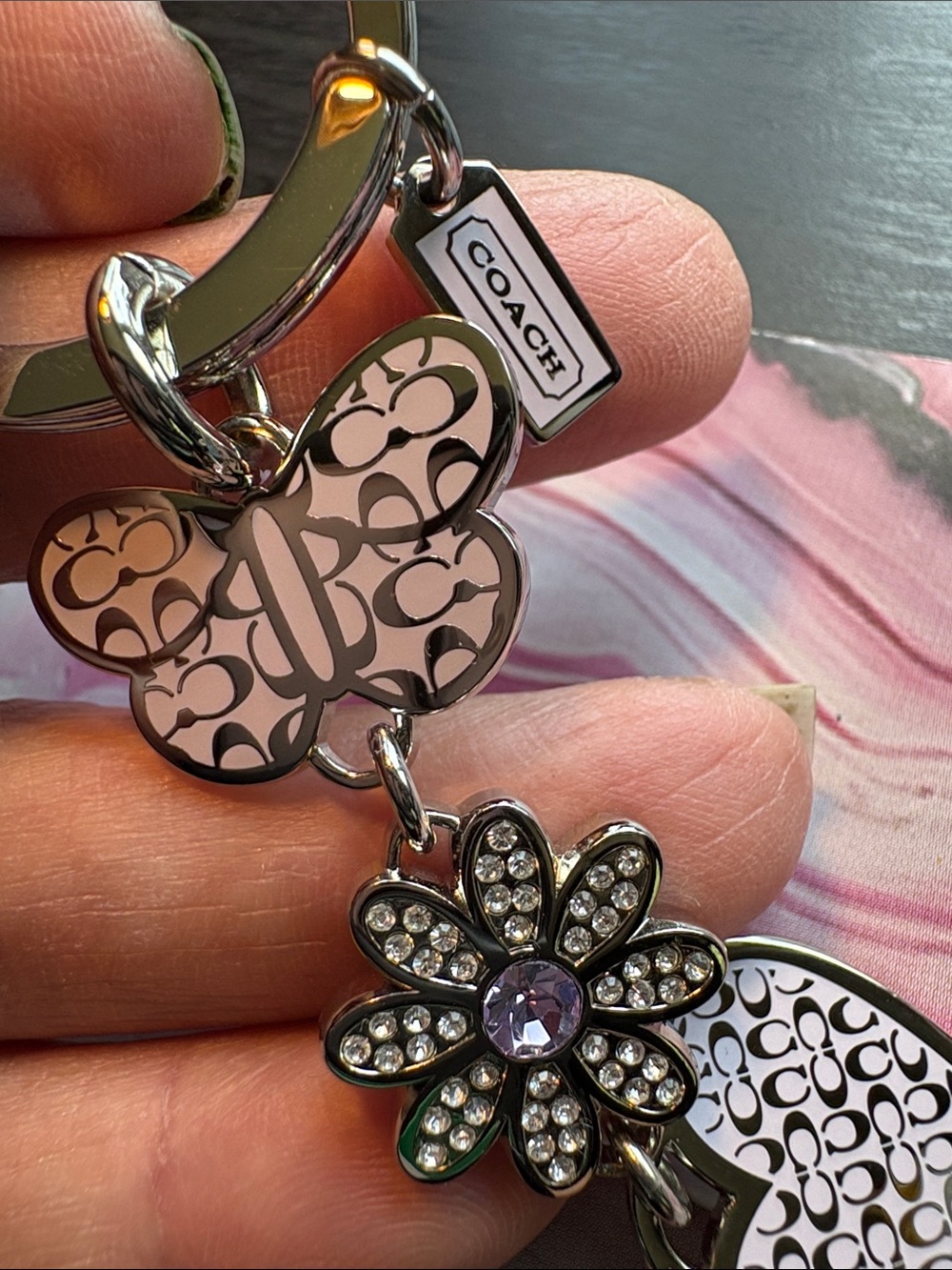 Coach Pink Butterfly & Heart Keychain with Crystal Flower Charm - Picture 2 of 3